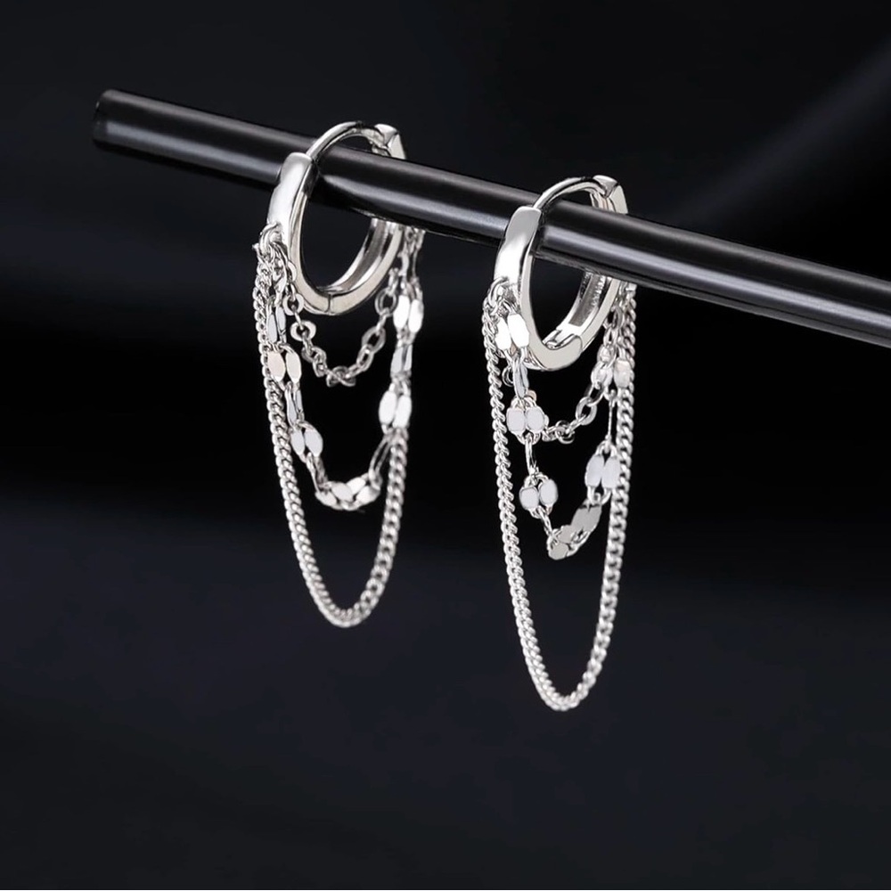925 Sterling Silver Dangle Chain Hoop Earrings - Picture 5 of 5
